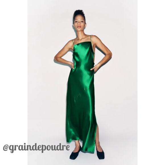 green emerald velvet dress Zara Green Floral Print Open Back Midi Dress (Removable Feather Cuff  included)